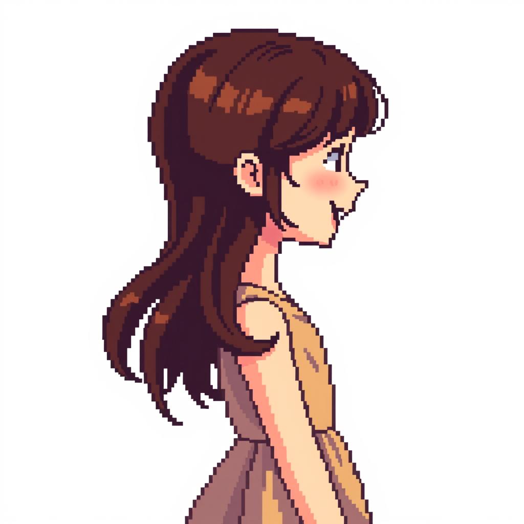 Young girl in profile in pixel art, brunette hair, joyful expression, wearing a simple dress, vibrant colors, no background