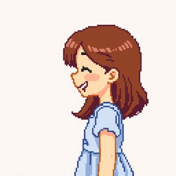 Young girl in profile in pixel art, brunette hair, joyful expression, wearing a simple dress, vibrant colors, no background