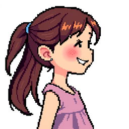 Young girl in profile in pixel art, brunette hair, joyful expression, wearing a simple dress, vibrant colors, no background