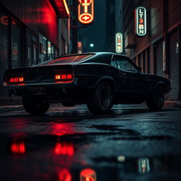 A sinister-looking vintage black muscle car parked in a dimly lit urban alley