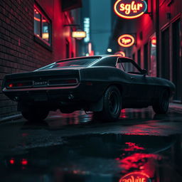 A sinister-looking vintage black muscle car parked in a dimly lit urban alley