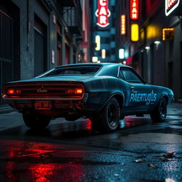 A sinister-looking vintage black muscle car parked in a dimly lit urban alley