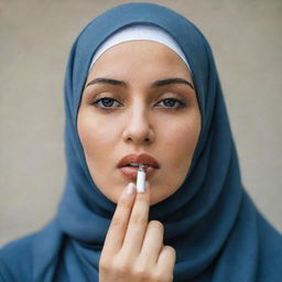 A woman in hijab smoking a cigarette