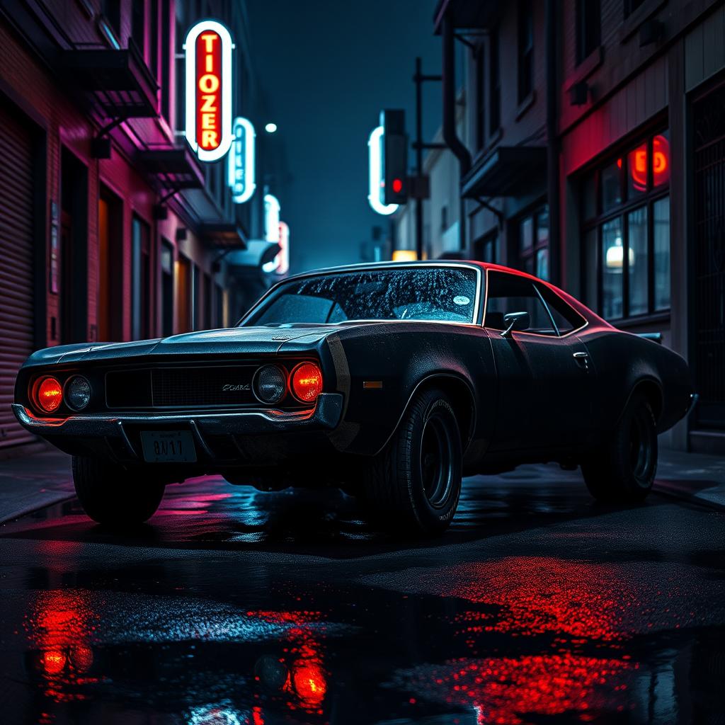 A sinister-looking vintage black muscle car parked in a dimly lit urban alley