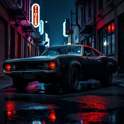 A sinister-looking vintage black muscle car parked in a dimly lit urban alley