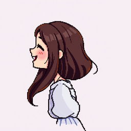 Young brunette girl in profile, depicted in 128-bit pixel art, joyful expression, simple dress, vibrant colors, no background