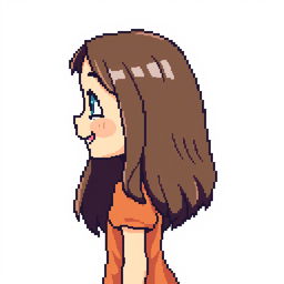 Young brunette girl in profile, depicted in 128-bit pixel art, joyful expression, simple dress, vibrant colors, no background