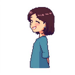 Young brunette girl in profile, depicted in 128-bit pixel art, joyful expression, simple dress, vibrant colors, no background