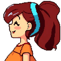 Young brunette girl in profile, depicted in 128-bit pixel art, joyful expression, simple dress, vibrant colors, no background