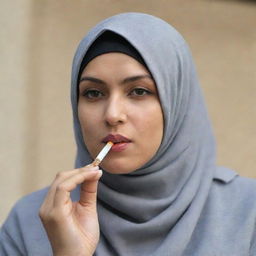 A woman in hijab smoking a cigarette