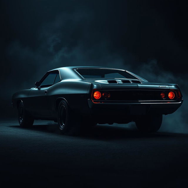 A sinister-looking vintage black muscle car parked against a dark, foreboding background