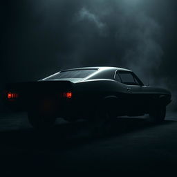 A sinister-looking vintage black muscle car parked against a dark, foreboding background