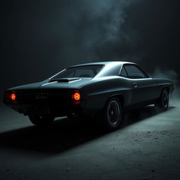 A sinister-looking vintage black muscle car parked against a dark, foreboding background