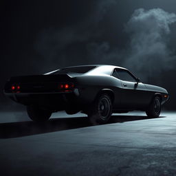 A sinister-looking vintage black muscle car parked against a dark, foreboding background