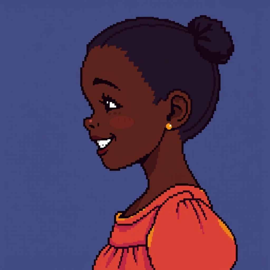 Young girl with very dark skin in profile, depicted in exactly 64-bit pixel art, joyful expression, simple vibrant dress, no background