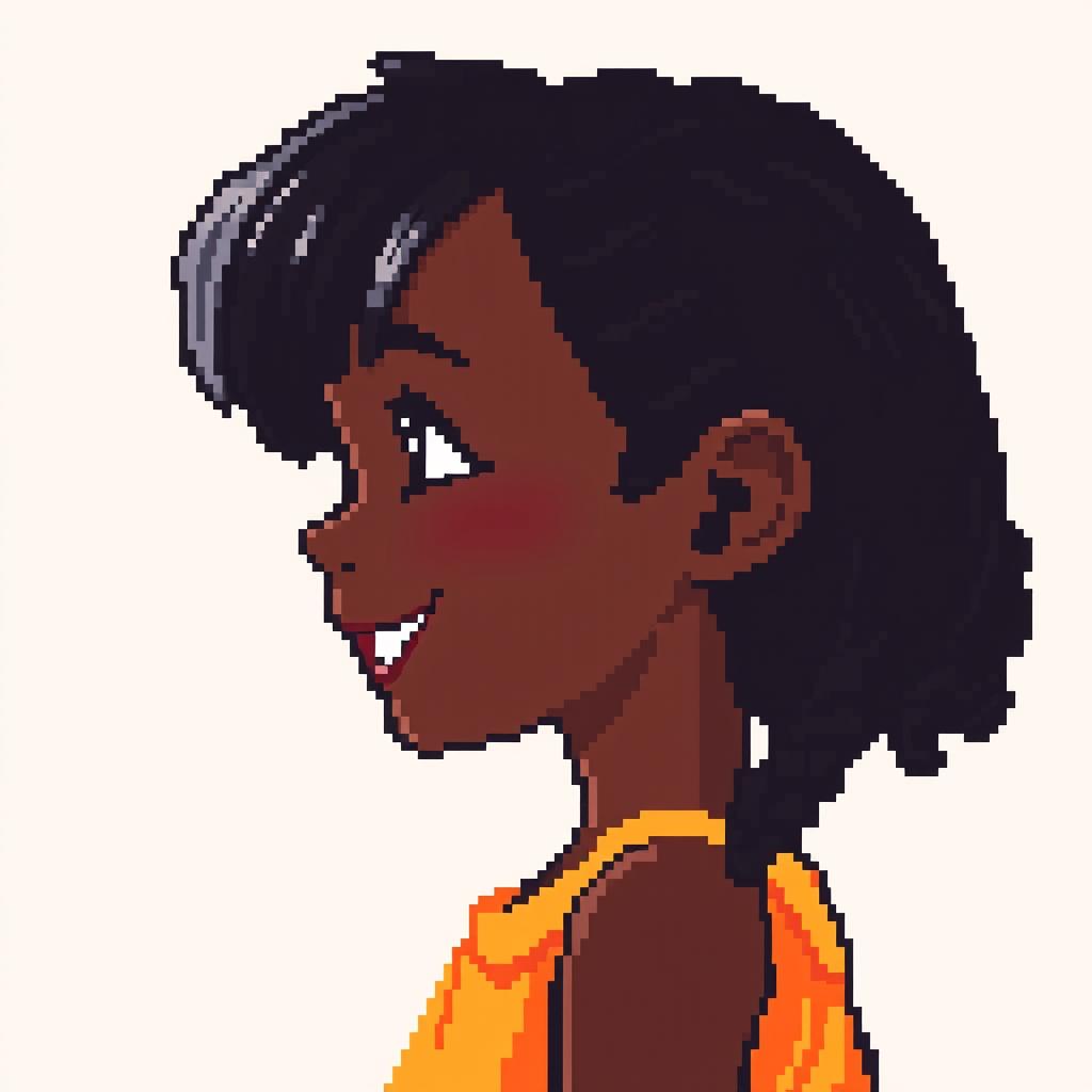 Young girl with very dark skin in profile, depicted in exactly 64-bit pixel art, joyful expression, simple vibrant dress, no background