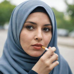 A woman in hijab smoking a cigarette