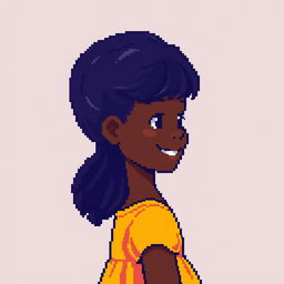 Young girl with very dark skin in profile, depicted in exactly 64-bit pixel art, joyful expression, simple vibrant dress, no background