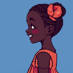 Young girl with very dark skin in profile, depicted in exactly 64-bit pixel art, joyful expression, simple vibrant dress, no background