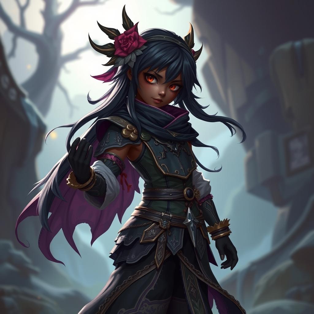 Young girl with dark skin as a metroidvania character, intricate costume design with fantasy elements, dynamic pose, mystical environment backdrop