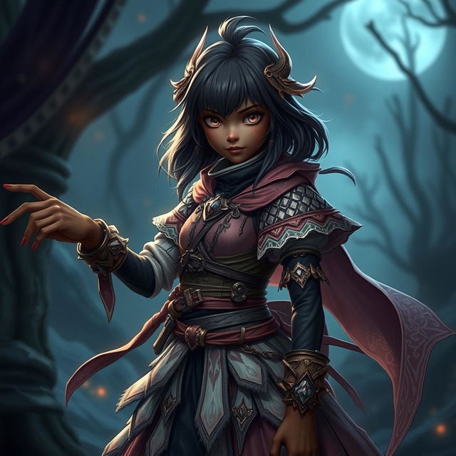 Young girl with dark skin as a metroidvania character, intricate costume design with fantasy elements, dynamic pose, mystical environment backdrop