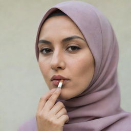 A woman in hijab smoking a cigarette