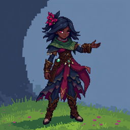 Young girl with dark skin as a full-body metroidvania pixel art character, wearing an intricate fantasy outfit, dynamic stance, expressing adventure and mystery