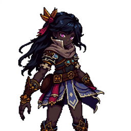 Young girl with dark skin as a full-body metroidvania pixel art character, wearing an intricate fantasy outfit, dynamic stance, expressing adventure and mystery