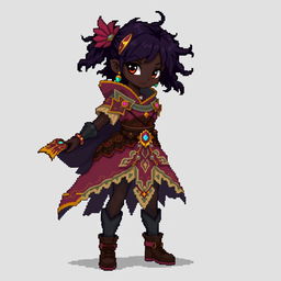 Young girl with dark skin as a full-body metroidvania pixel art character, wearing an intricate fantasy outfit, dynamic stance, expressing adventure and mystery