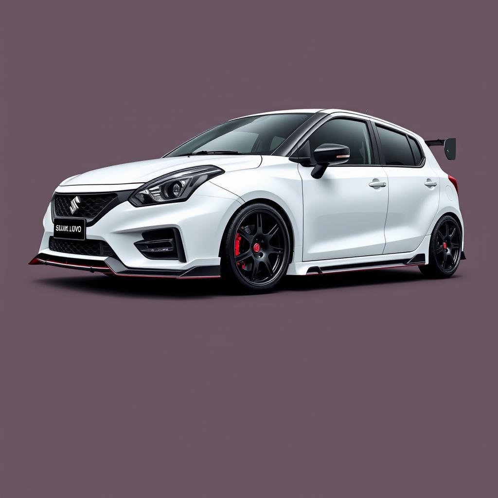 A fully modified Suzuki Baleno with a sleek, aggressive body kit, dynamic aerodynamic features, and a custom exhaust system