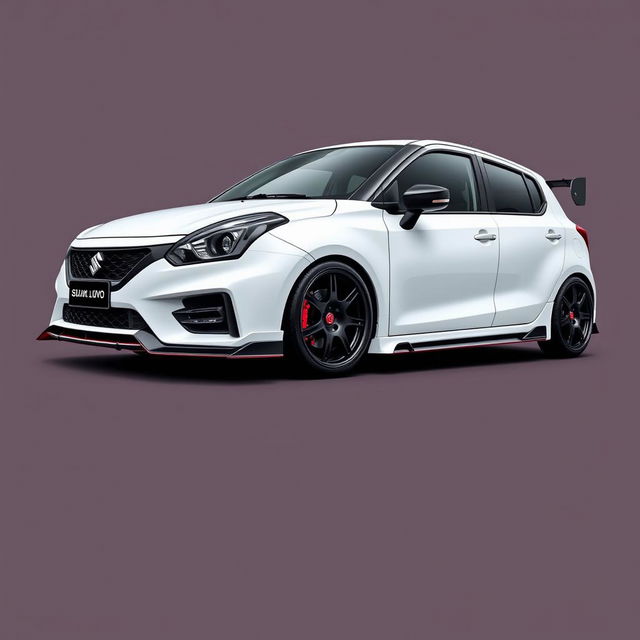 A fully modified Suzuki Baleno with a sleek, aggressive body kit, dynamic aerodynamic features, and a custom exhaust system