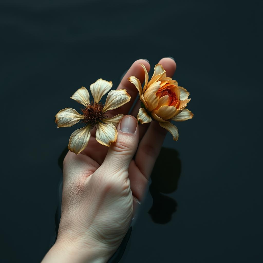 a youthful masculine hand, appearing as if from a drowned person, gently holding two beautiful yet withered flowers