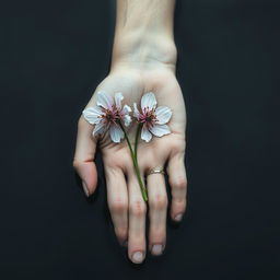 a youthful masculine hand, appearing as if from a drowned person, gently holding two beautiful yet withered flowers