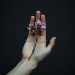 a youthful masculine hand, appearing as if from a drowned person, gently holding two beautiful yet withered flowers