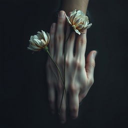 a youthful masculine hand, appearing as if from a drowned person, gently holding two beautiful yet withered flowers