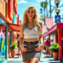 A tall woman with blonde hair and a playful smile, wearing a fashionable miniskirt, exuding a confident and lively aura