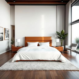 A modern bedroom featuring sleek minimalist design, with a large king-size bed with crisp white linens and fluffy pillows