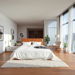 A modern bedroom featuring sleek minimalist design, with a large king-size bed with crisp white linens and fluffy pillows