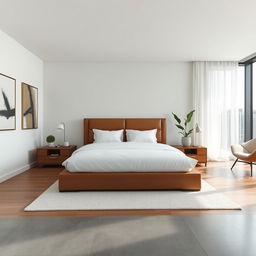 A modern bedroom featuring sleek minimalist design, with a large king-size bed with crisp white linens and fluffy pillows