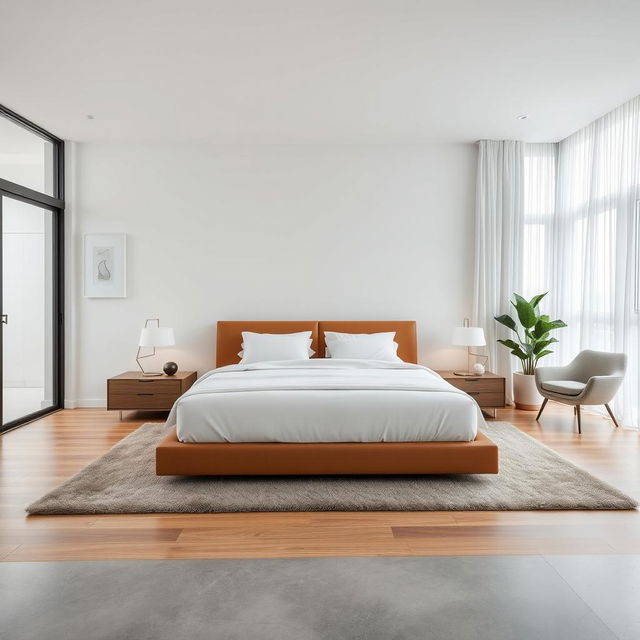 A modern bedroom featuring sleek minimalist design, with a large king-size bed with crisp white linens and fluffy pillows