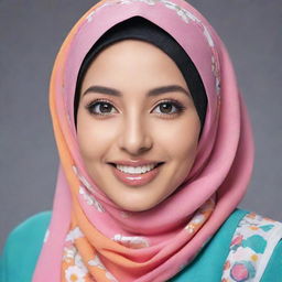 An anime-style woman in a stylish and colorful hijab showcasing her fashion sense, with a radiant smile and sparkling eyes.