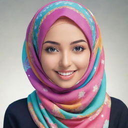 An anime-style woman in a stylish and colorful hijab showcasing her fashion sense, with a radiant smile and sparkling eyes.