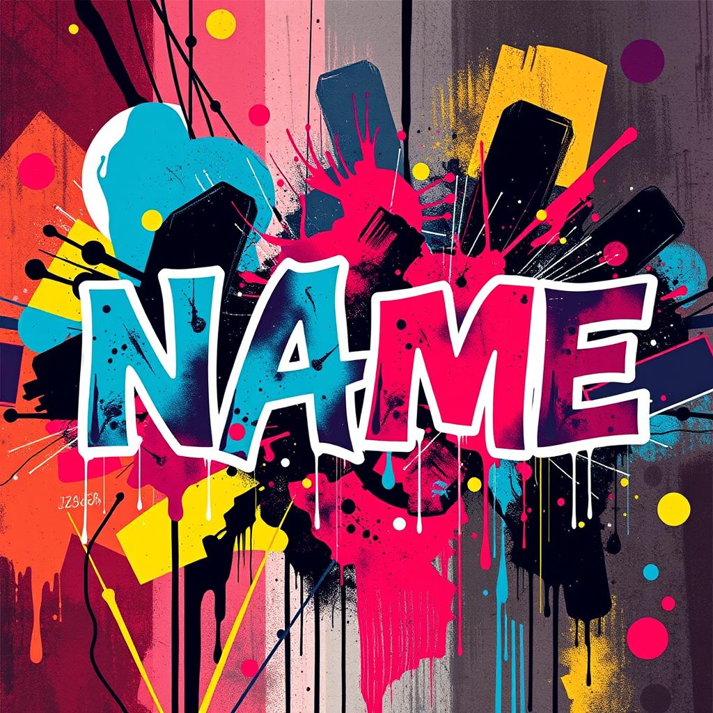 A poster featuring the phrase "NAME" in a bold, artistic font