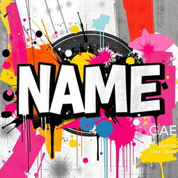 A poster featuring the phrase "NAME" in a bold, artistic font