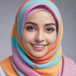 An anime-style woman in a stylish and colorful hijab showcasing her fashion sense, with a radiant smile and sparkling eyes.