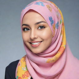 An anime-style woman in a stylish and colorful hijab showcasing her fashion sense, with a radiant smile and sparkling eyes.