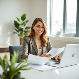 A professional lady seated at a modern office desk, exuding a sense of contentment and achievement