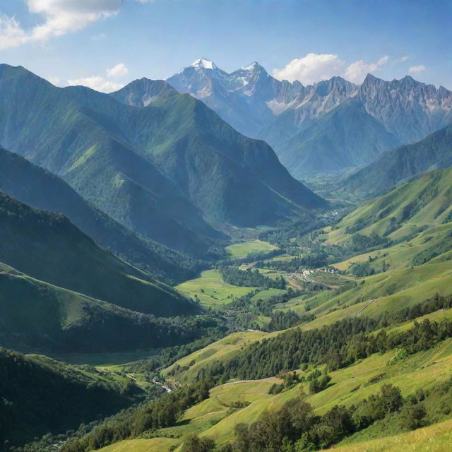 A beautiful landscape view of majestic mountains under a clear sky with lush green valley in the foreground.