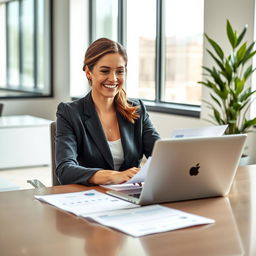 A professional lady seated at a modern office desk, exuding a sense of contentment and achievement