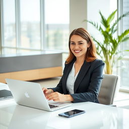 A professional lady seated at a modern office desk, exuding a sense of contentment and achievement